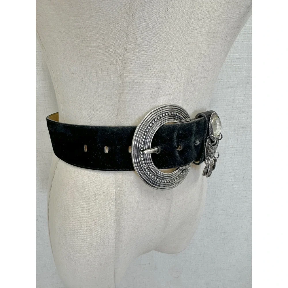 Vintage‎ 90s Black Suede Boho Belt Silver Crescent Buckle Crystal Detail Gypsy